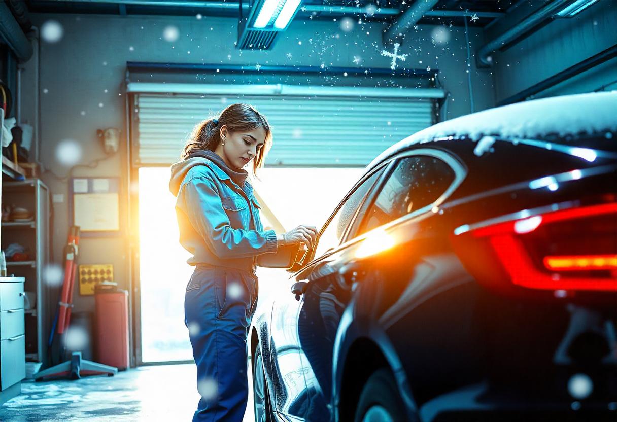 Auto mit neuen Winterreifen während eines Winter-Checks in der Werkstatt.