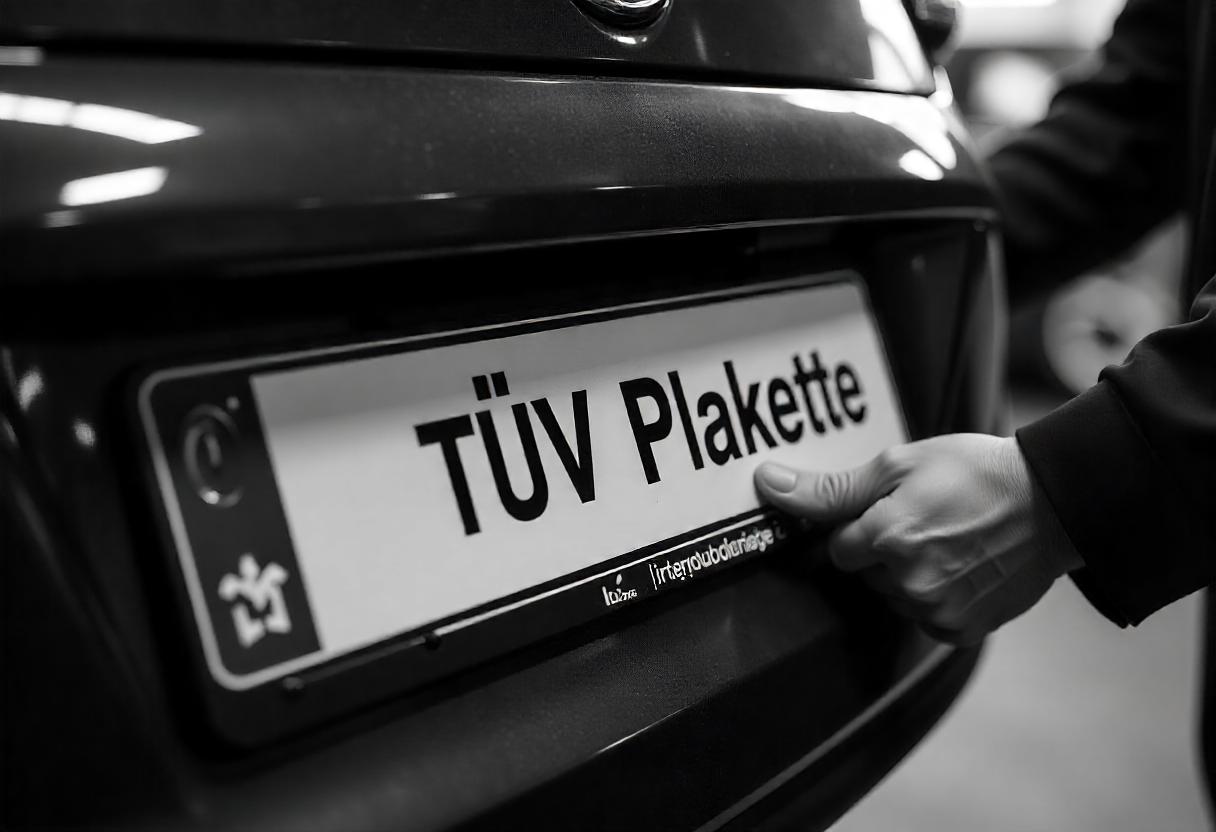 TÜV-Plakette auf einem deutschen Autokennzeichen mit Fokus auf die Hauptuntersuchung 2025