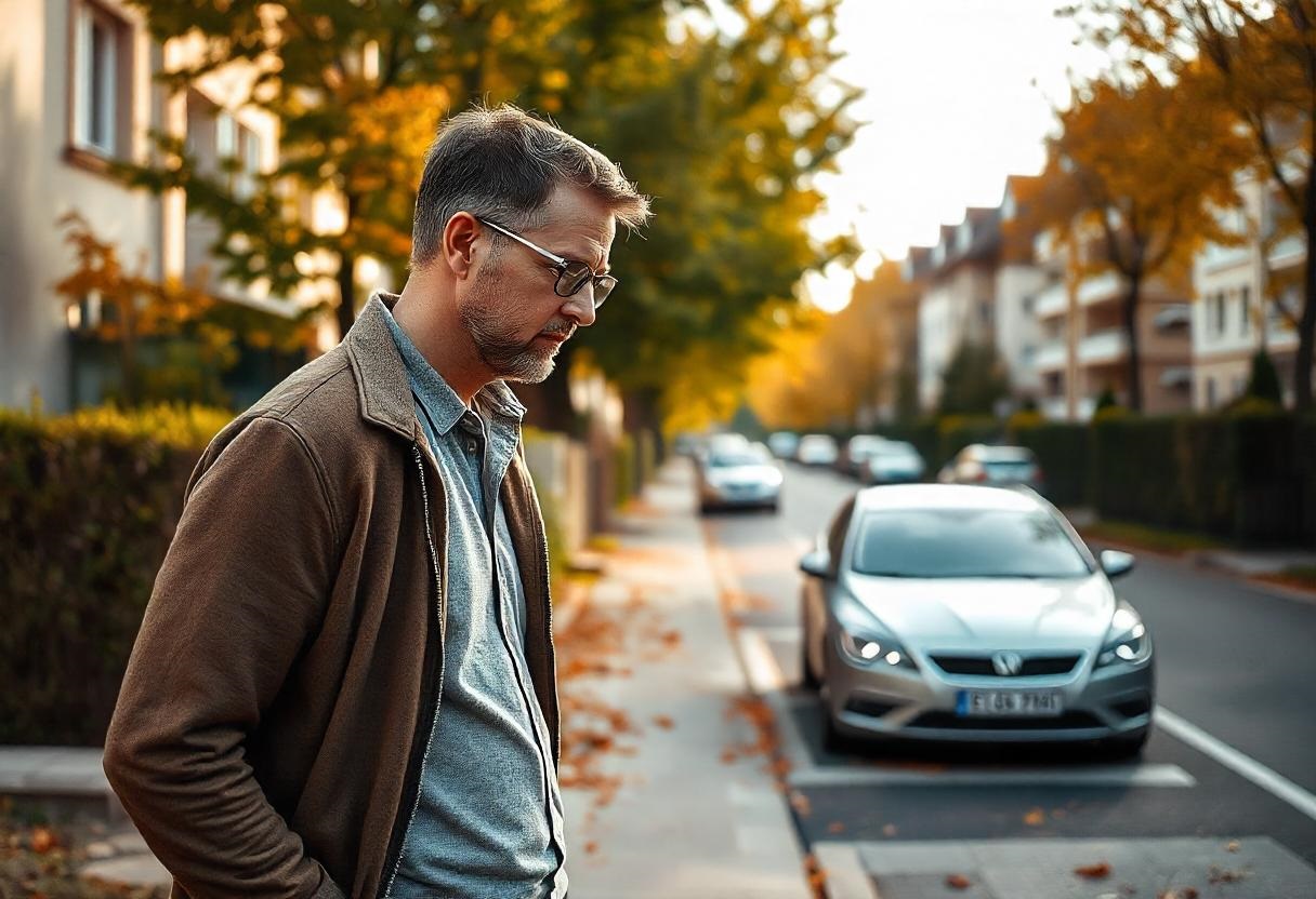 Gebrauchtwagen ohne TÜV steht auf einem Parkplatz mit einem „Zu verkaufen“-Schild