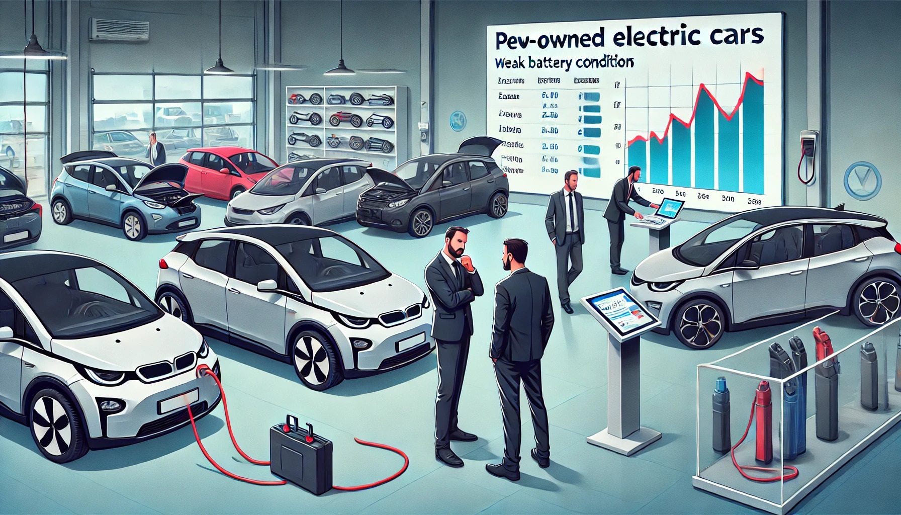 Gebrauchtwagenhändler mit einer Reihe von Elektrofahrzeugen in Deutschland, wenige Kunden inspizieren die Autos, während ein Verkäufer die Batteriequalität erklärt.